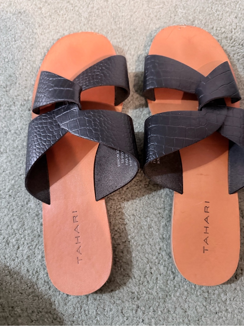 Tahari Black Crisscross Slide Sandals with Tan Footbed